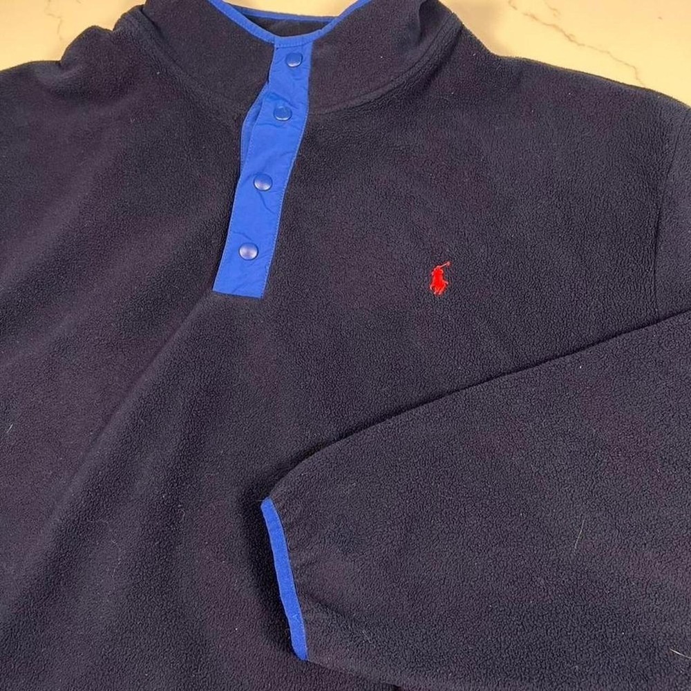 Polo Ralph Lauren Fleece Pullover Mens Navy Blue Snap Mock Neck Red Pony Logo